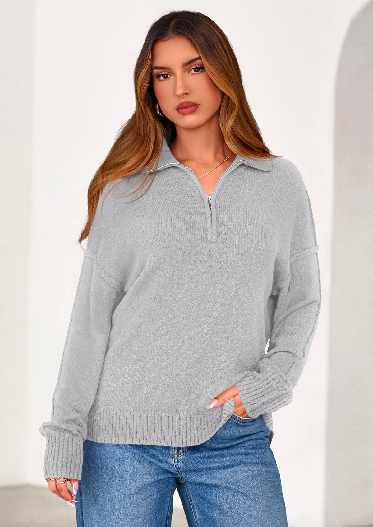 Women's Long Sleeve Knit V-Neck Quarter-Zip Sweater