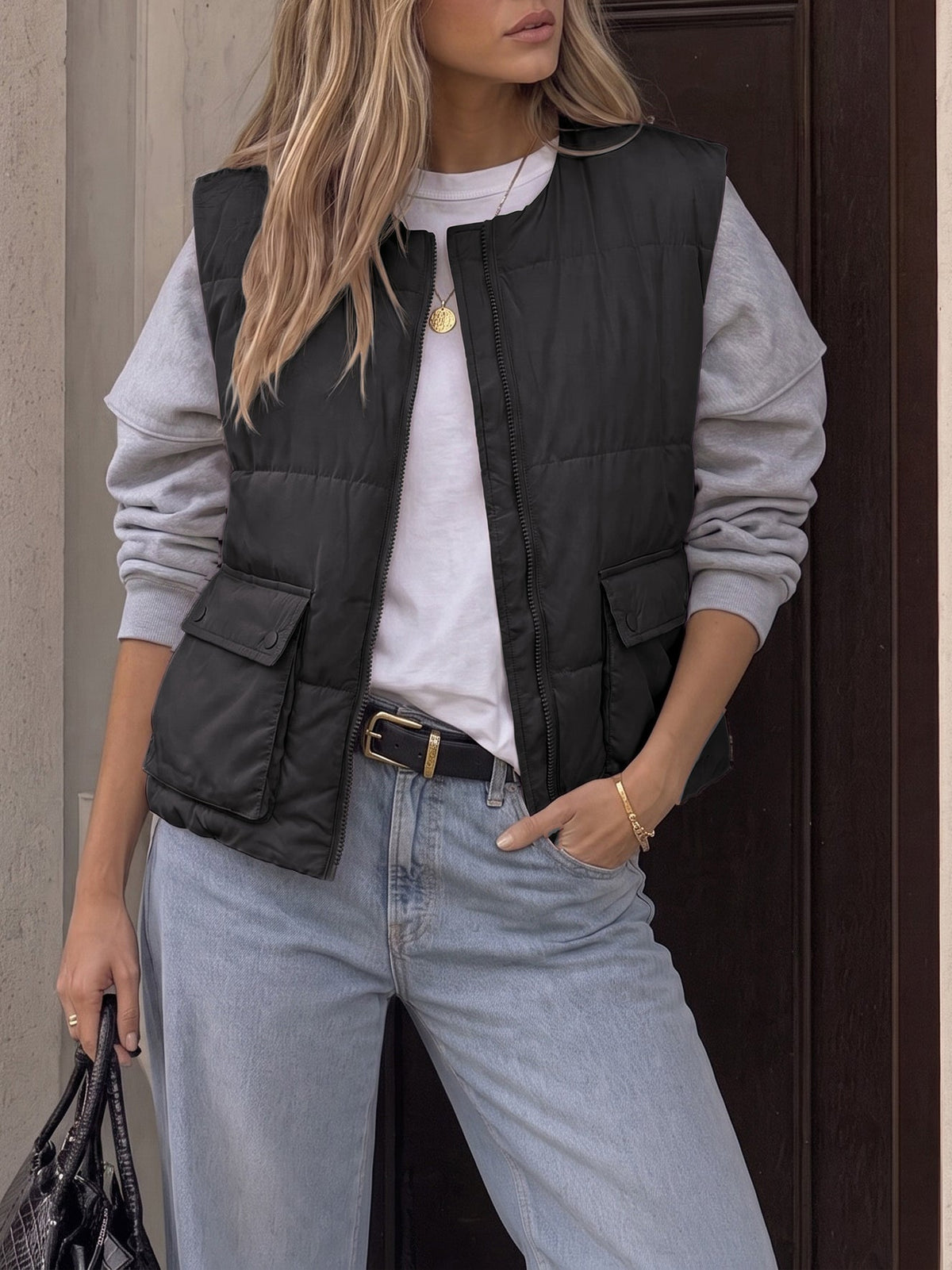 Women's Cropped Quilted Padded Zip-Up Jacket with Pockets