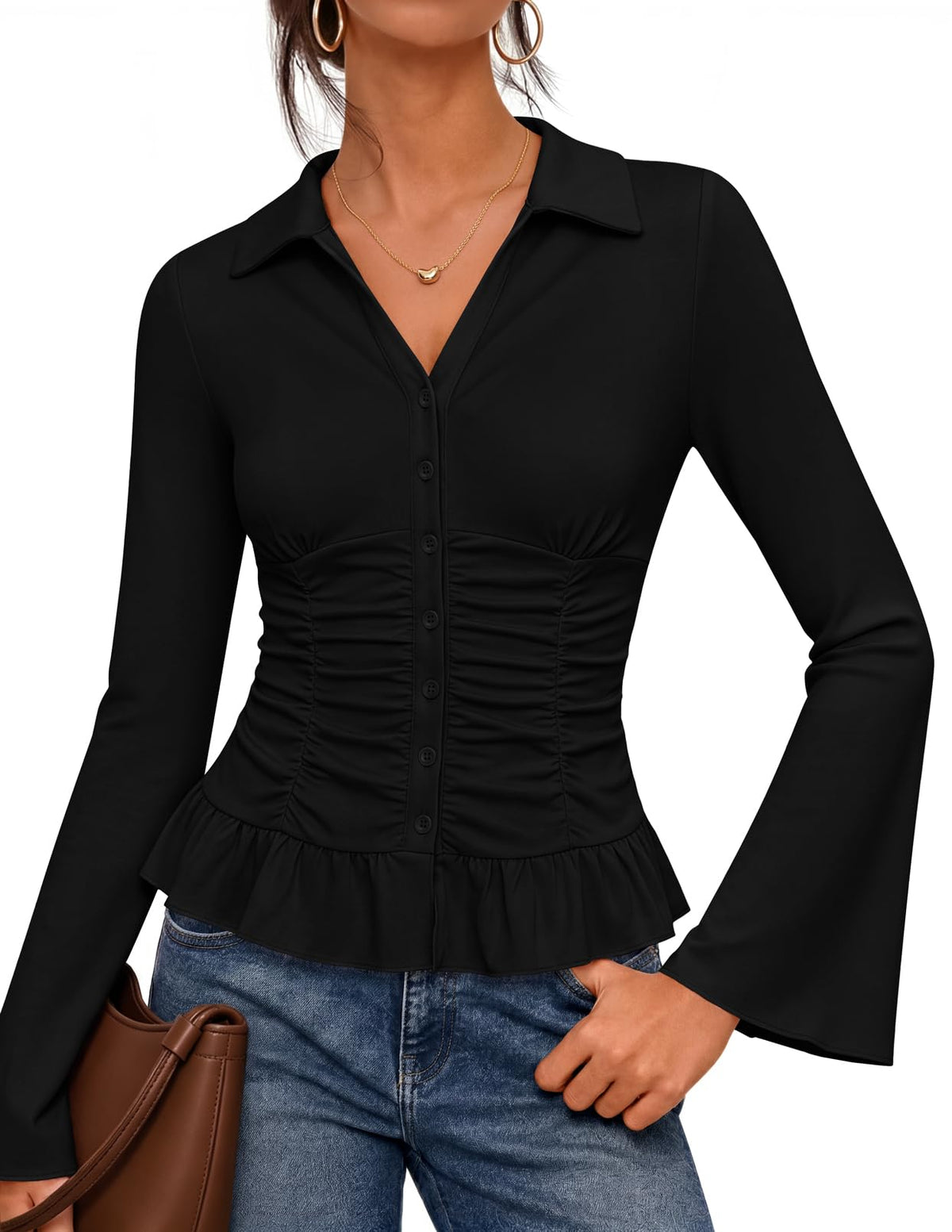 Women's Long Sleeve V-Neck Ruched Button-Down Blouse