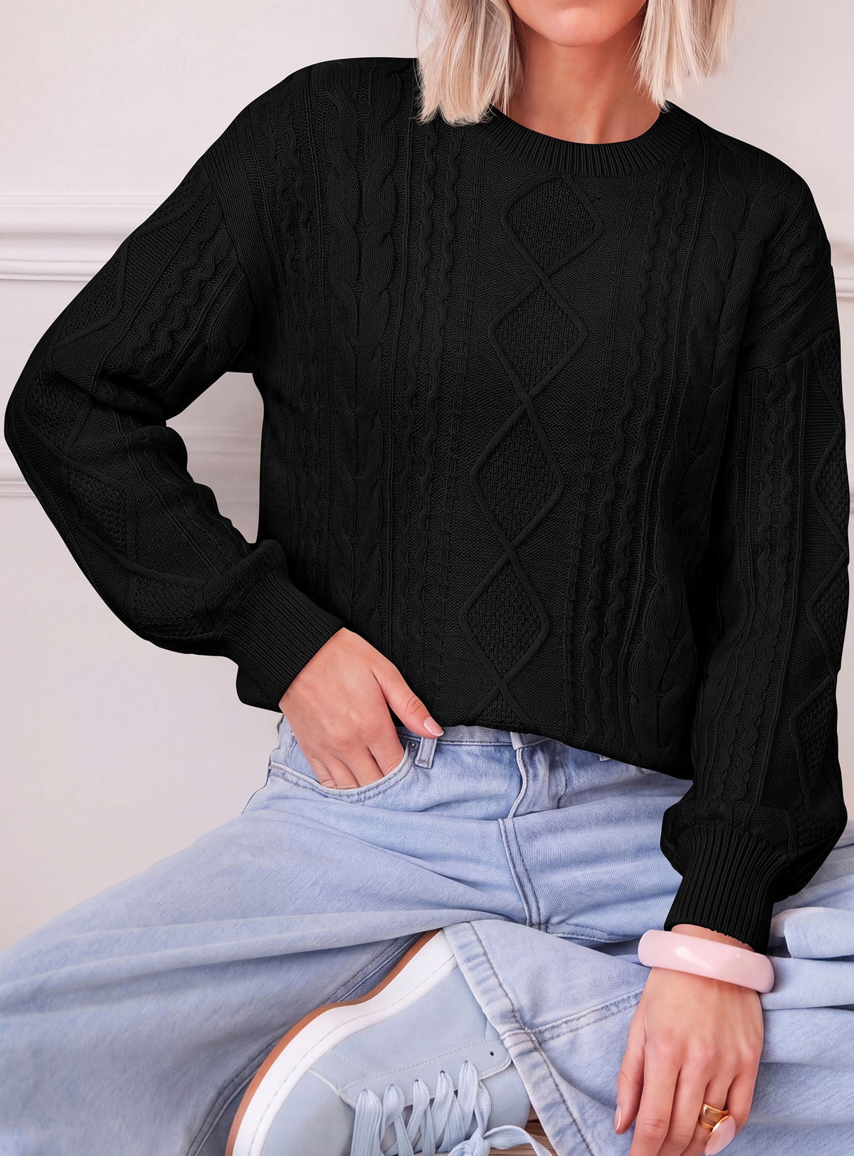 Women's Long Sleeve Cable Knit Crew Neck Sweater – Relaxed Fit