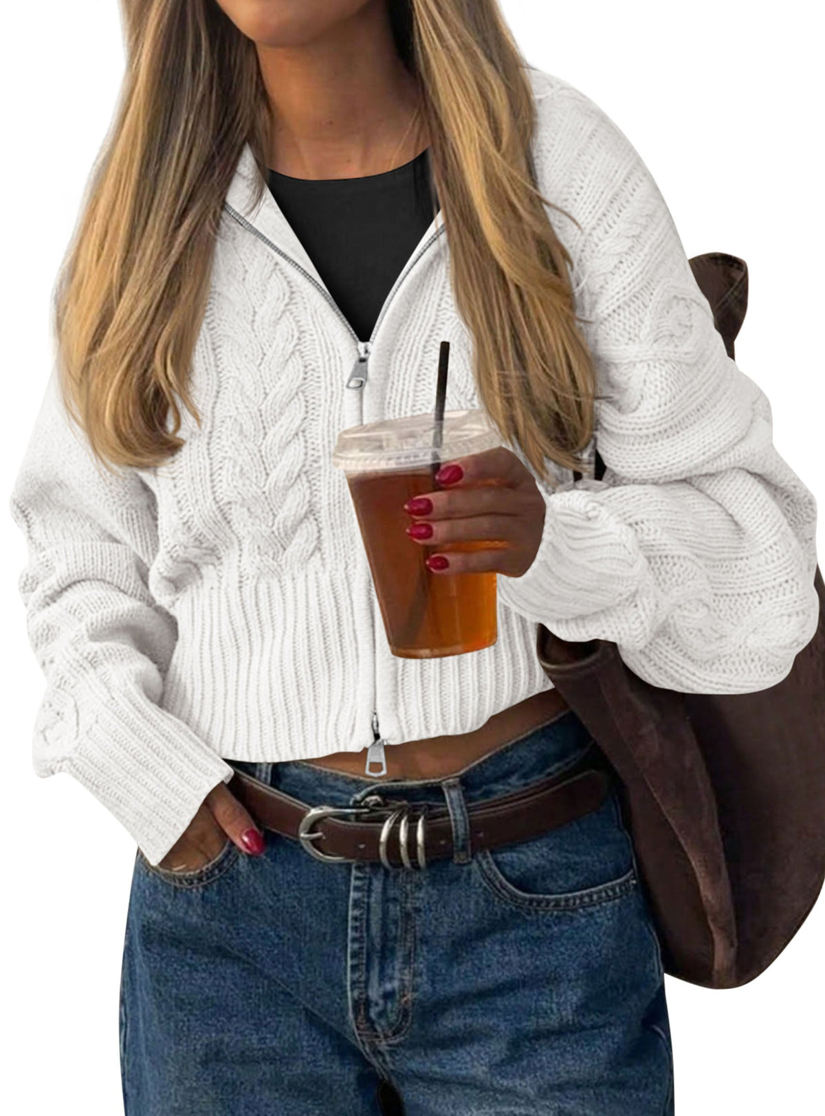 Women's Cropped Oversized Long Sleeve Cable Knit Cardigan – Zip-Up