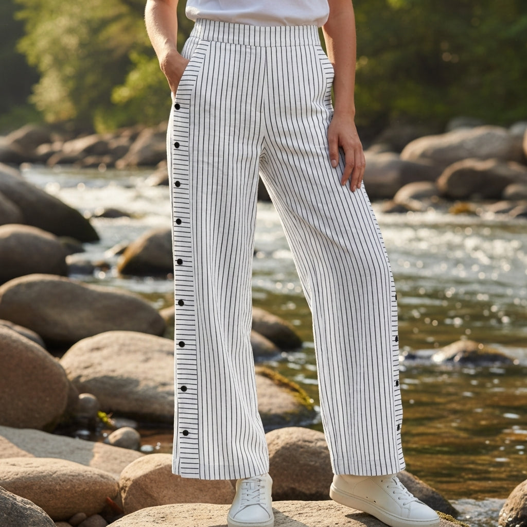 Amelia | Nerja Stripe Panel Button Detail Trousers