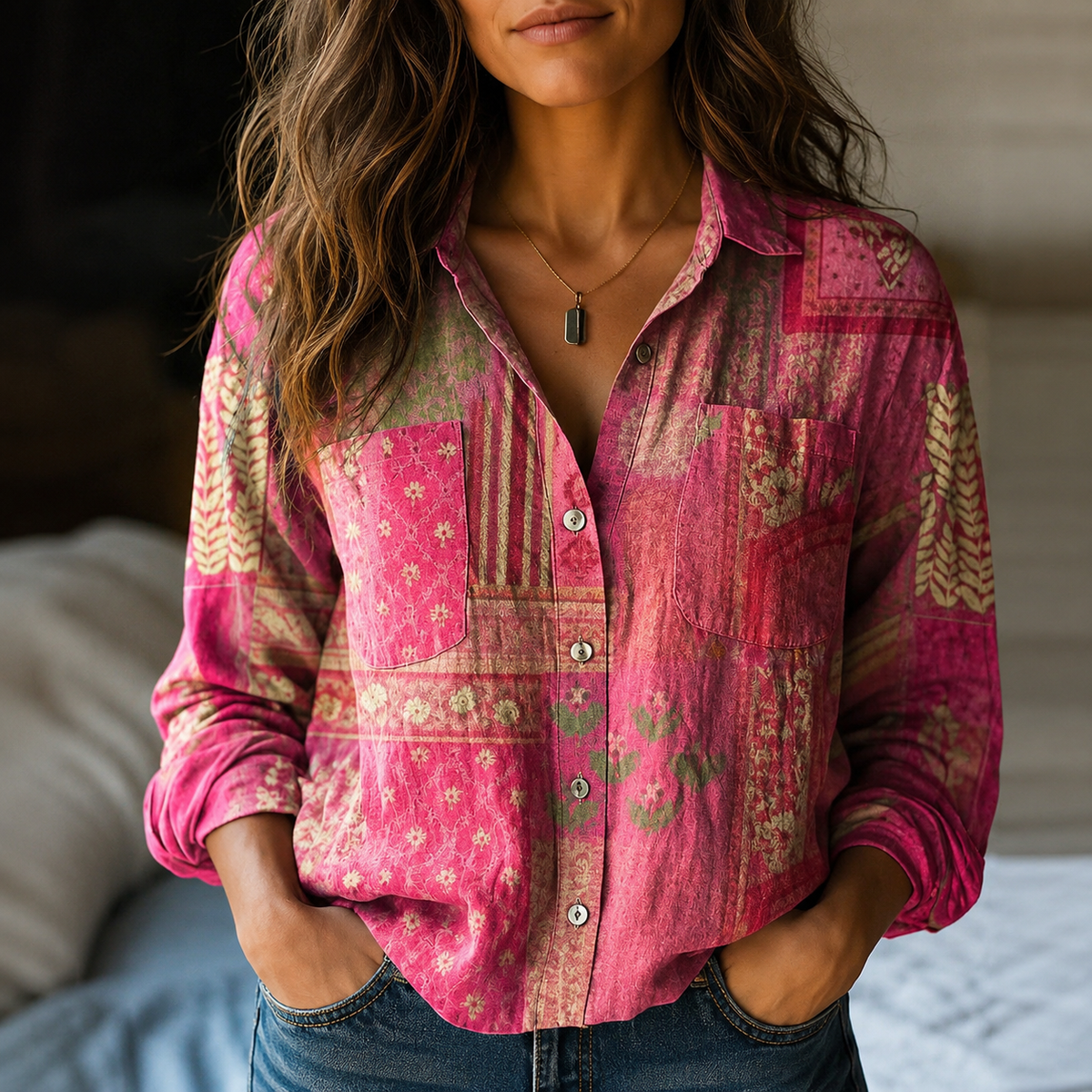 Emily | Mallorca Print Button-Up Blouse
