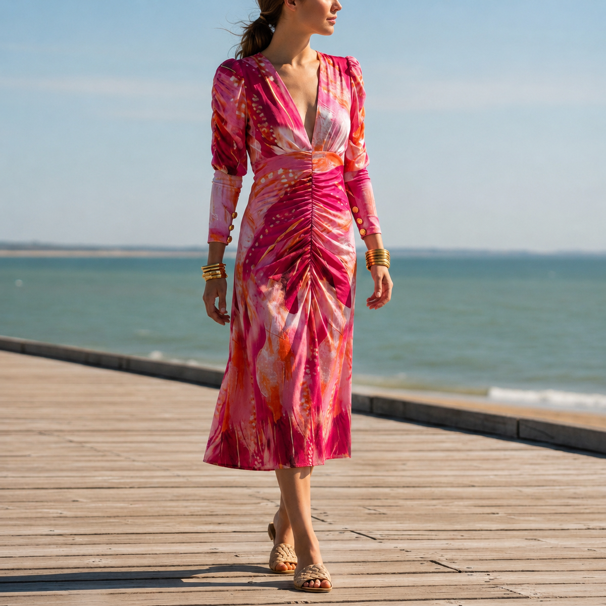 Emma | Salamanca Ruched Print Midi Dress