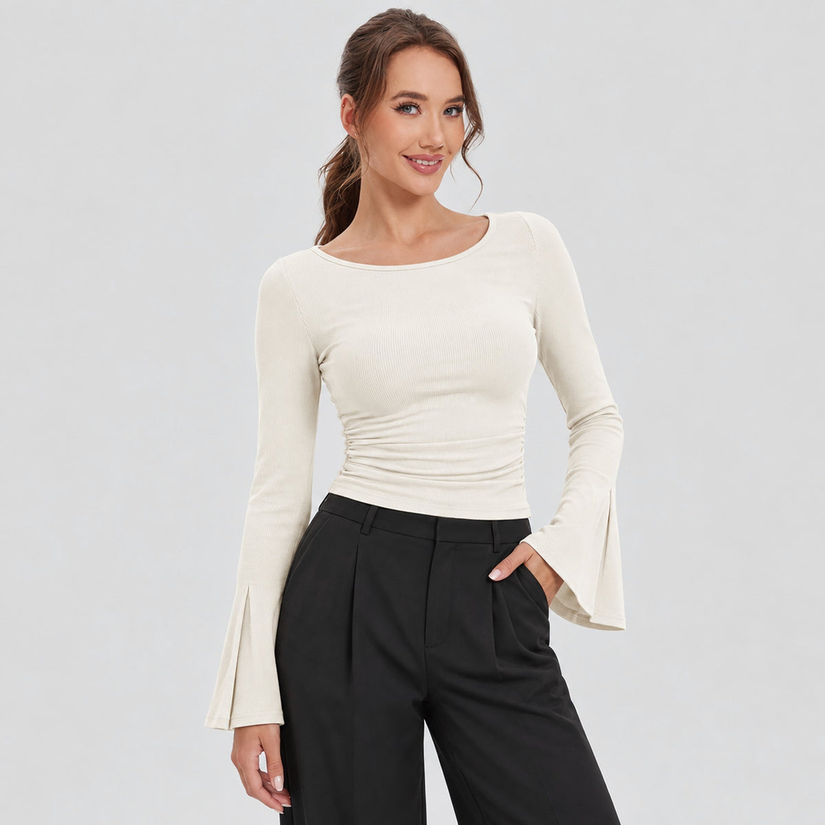 Women's Casual Long Sleeve Ribbed Knit Top – Ruched