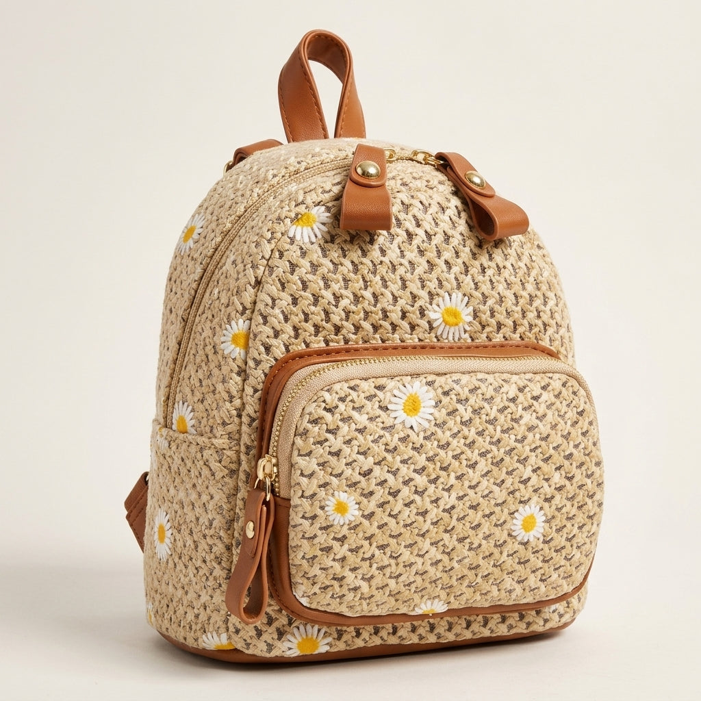 Olivia | Ibiza Daisy Embroidered Straw Backpack