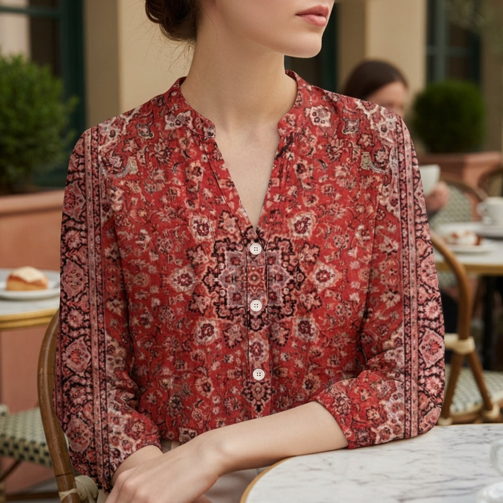 Violet | Carmen Printed V-Neck Long Sleeve Boho Blouse