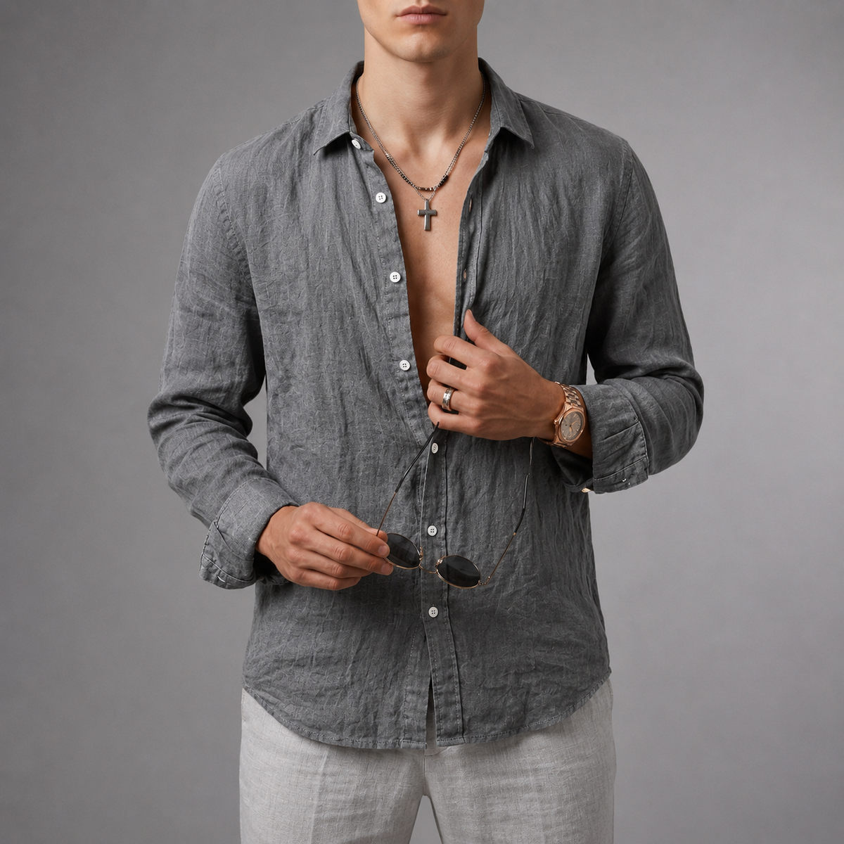 William | Syros Linen Open Collar Shirt