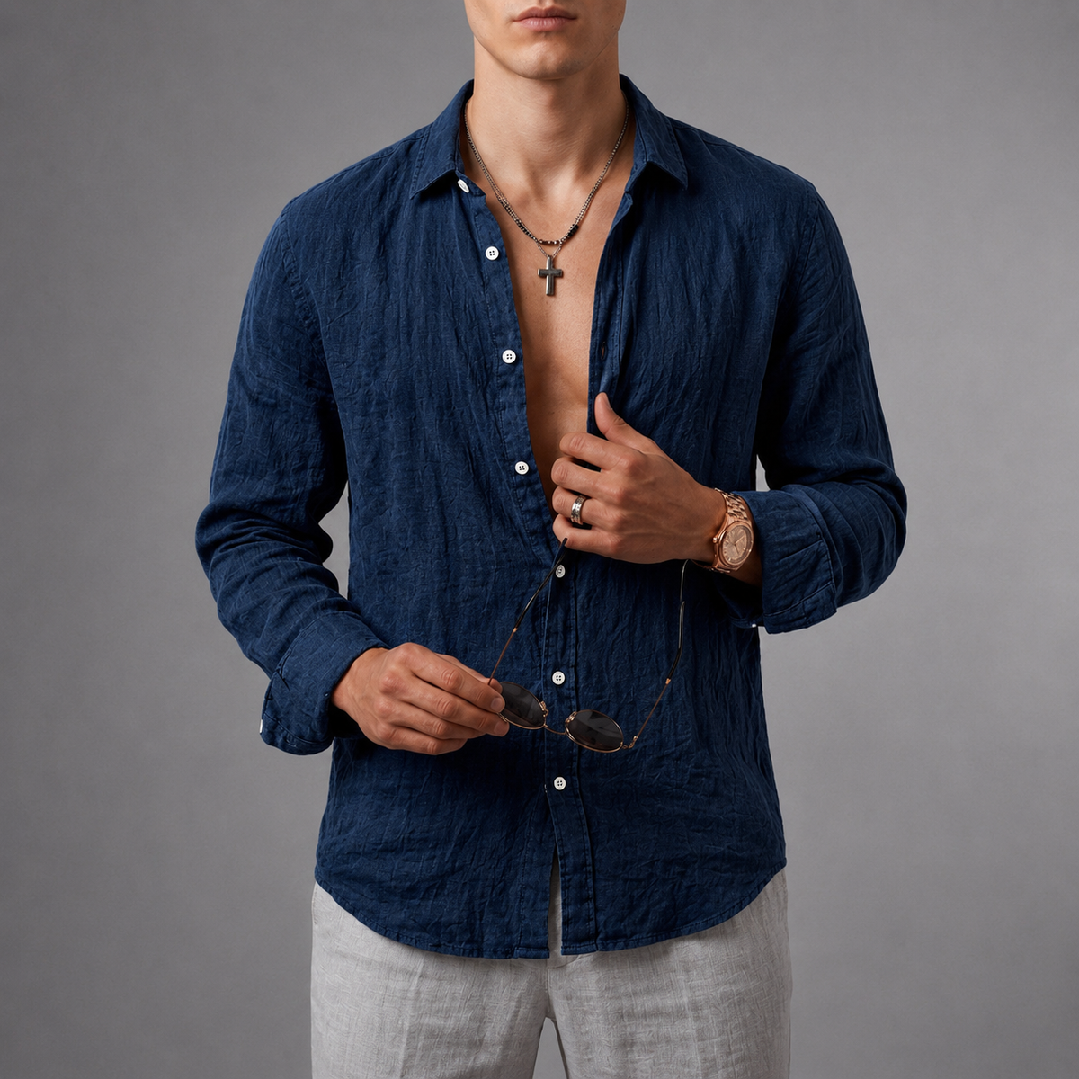 William | Syros Linen Open Collar Shirt