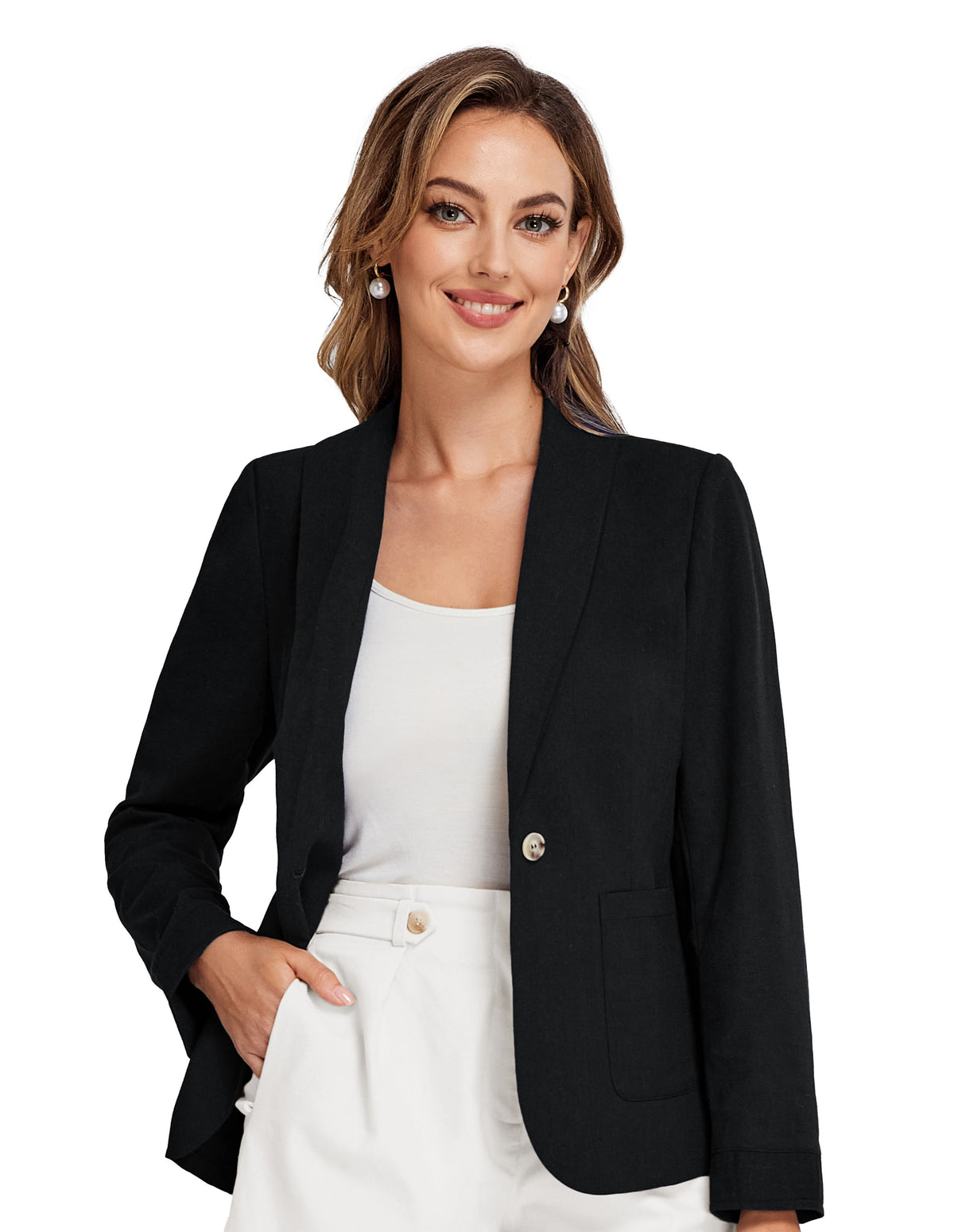 Women's Linen Blend Lapel Side-Slit Shawl Blazer – Black