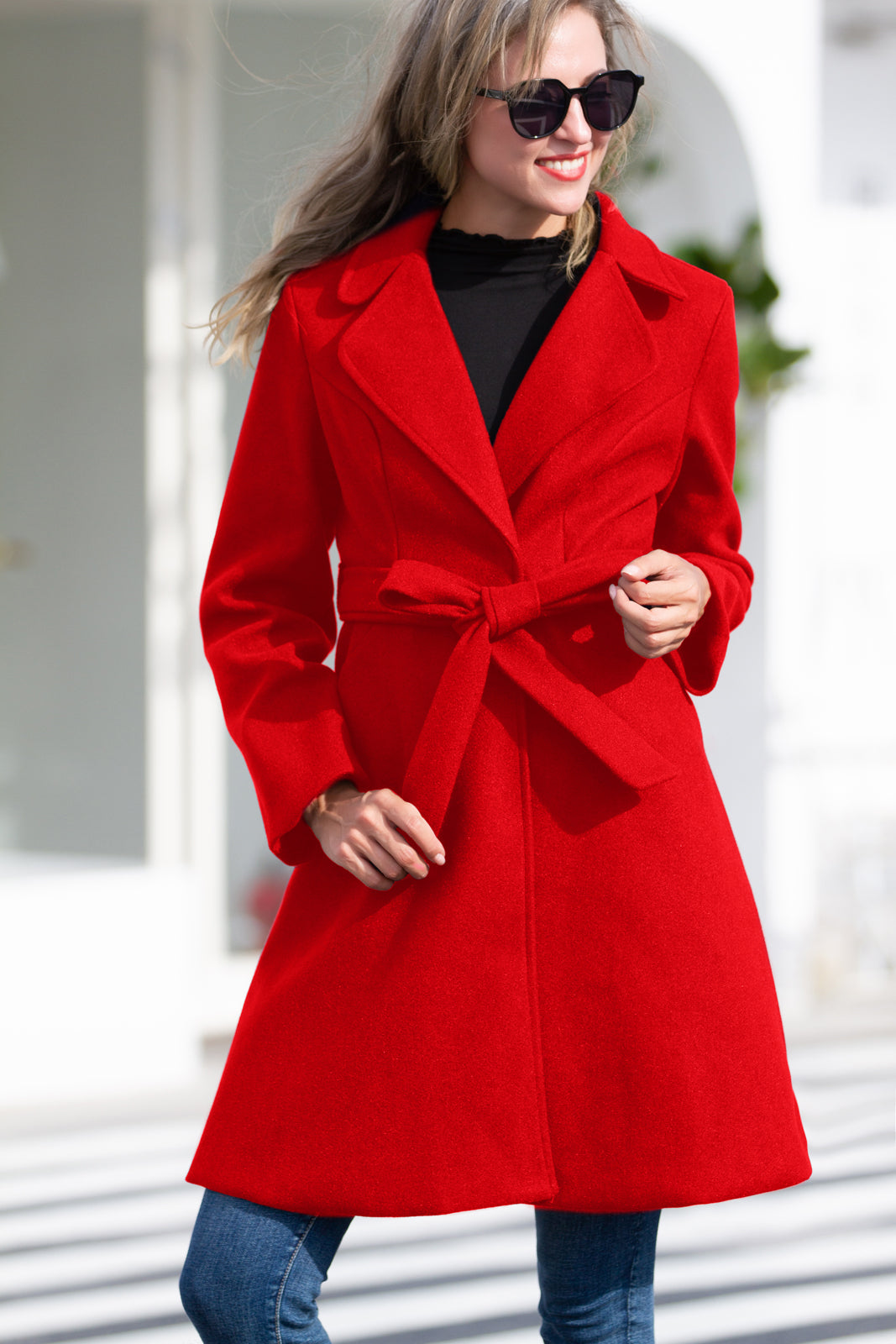 Women's Belted Lapel A-Line Overcoat – Red