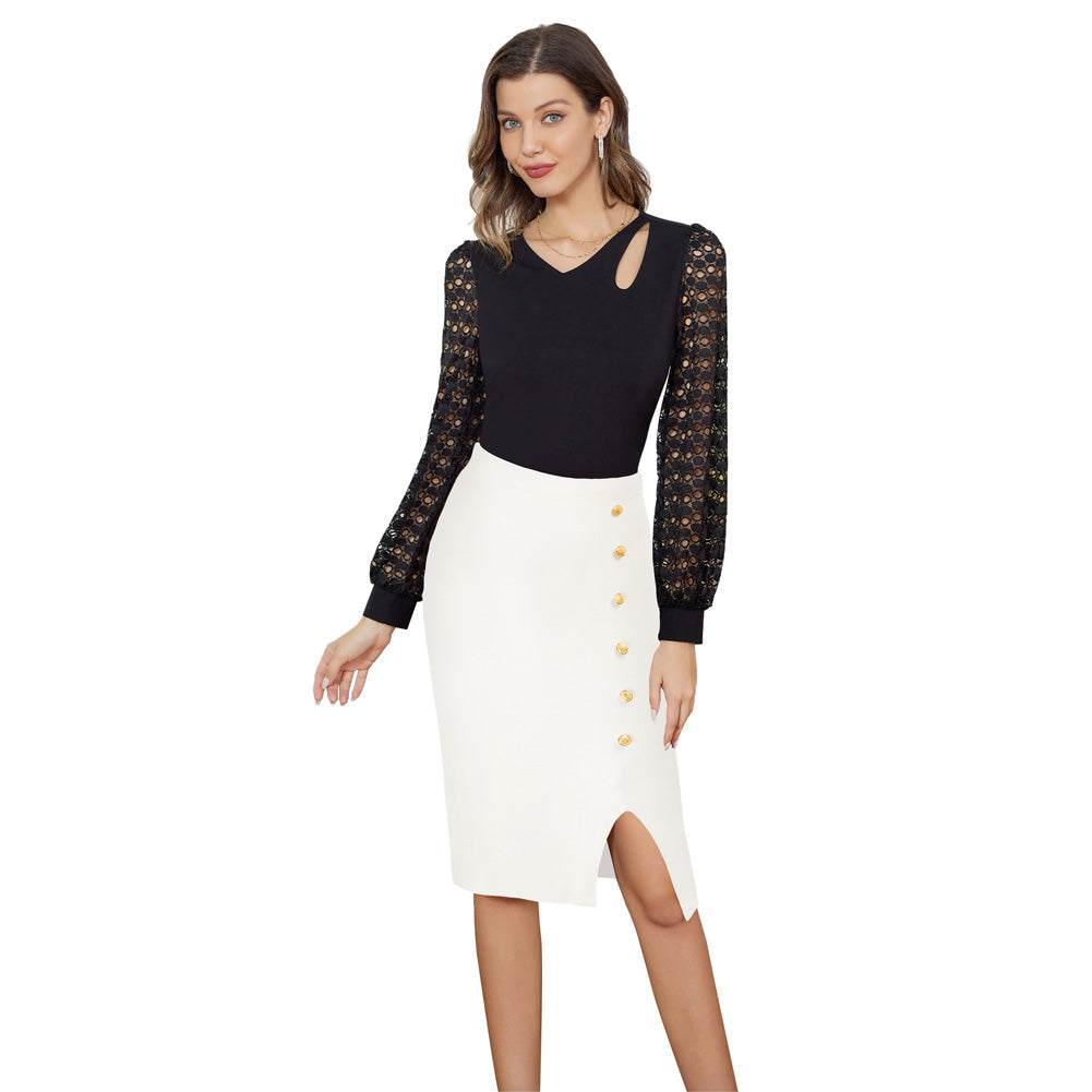 Women's Knit High-Waist Bodycon Side-Slit Sweater – White