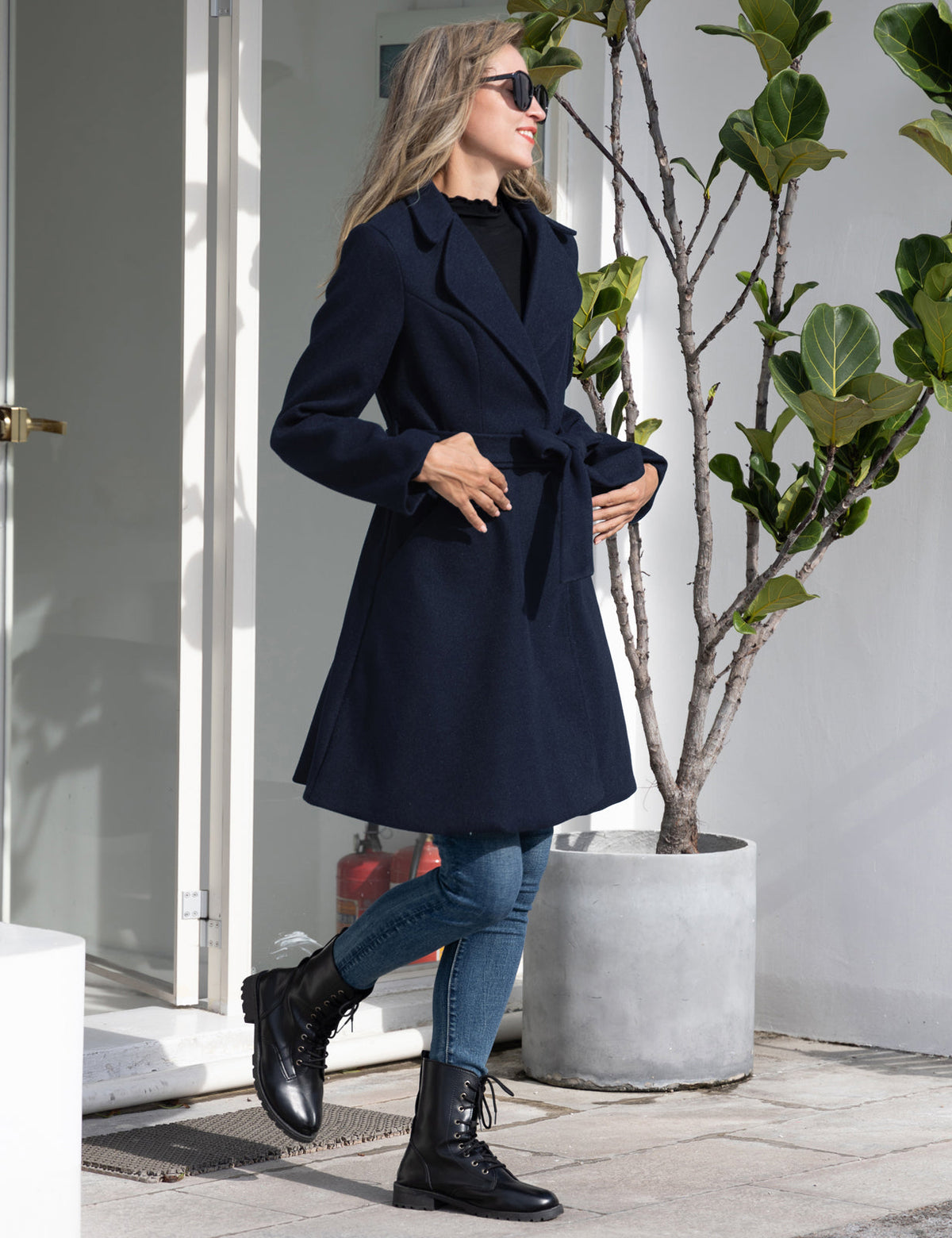 Women's Belted Lapel A-Line Overcoat – Dark Blue