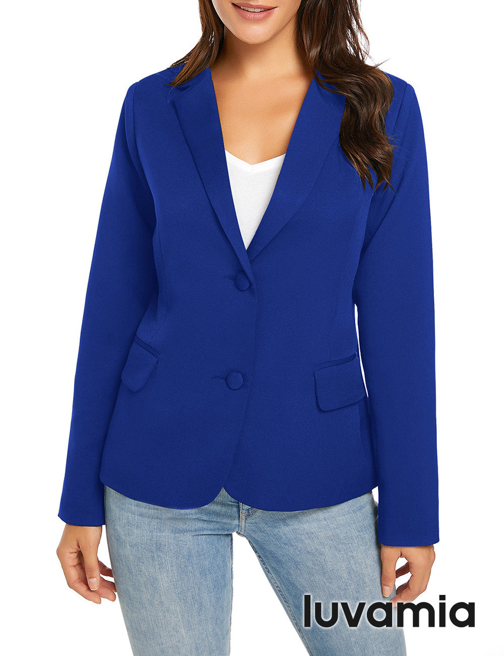 Women's Button-Down Notch Lapel Long Sleeve Pocketed Blazer – Royal Blue