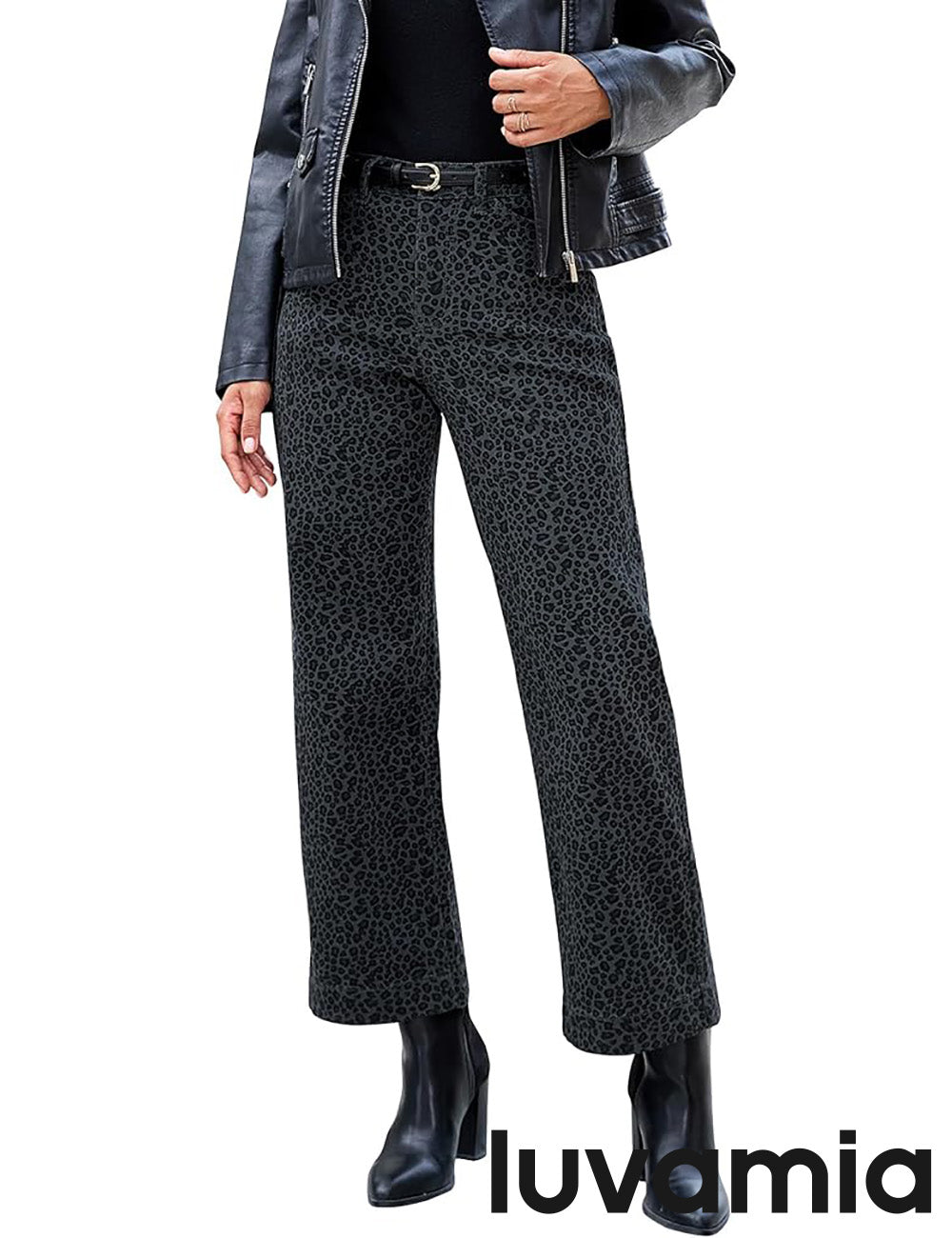 Women's Denim Wide-Leg Leopard Print Pocketed Jeans – Brown Leopard