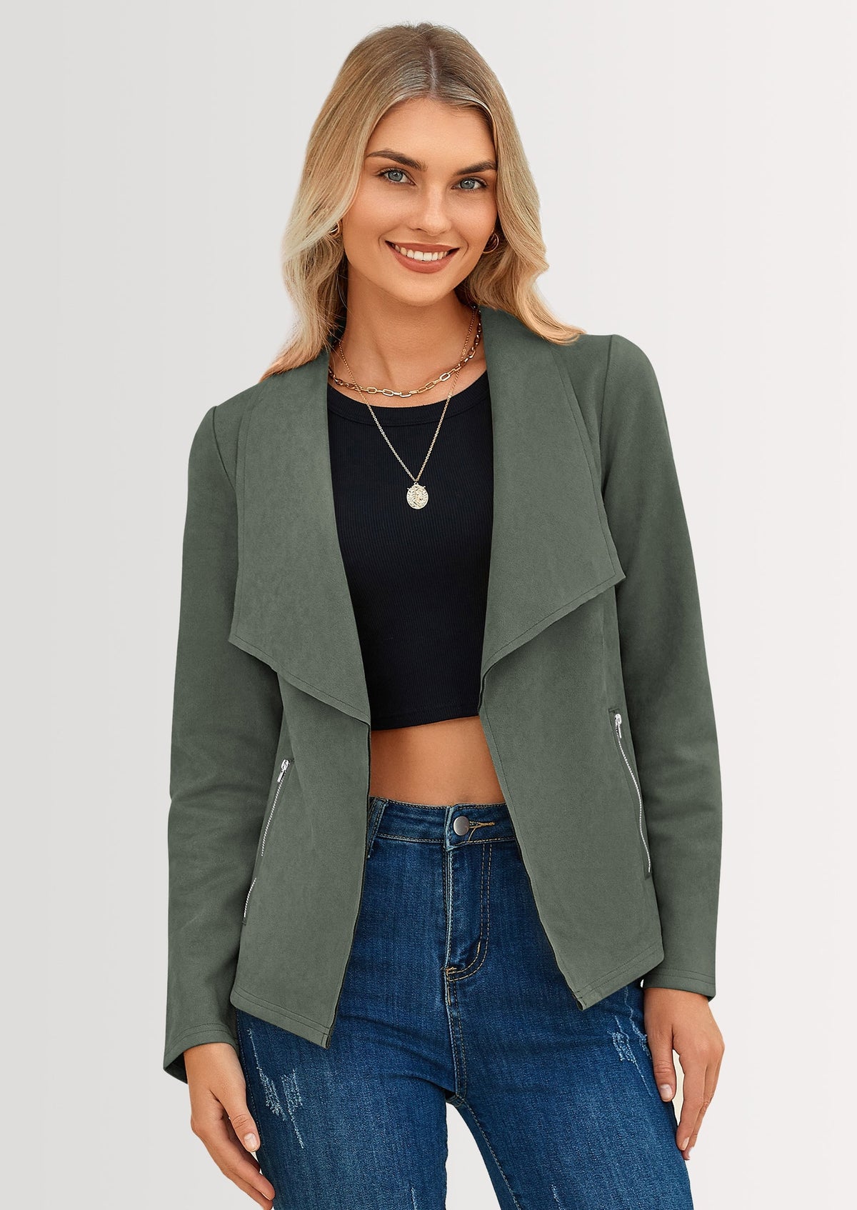 Women's Faux Suede Cropped Open-Front Long Sleeve Jacket – Army Green