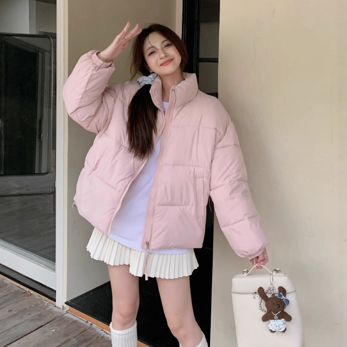 Women's Winter Puffer Jacket – Collared, Beige