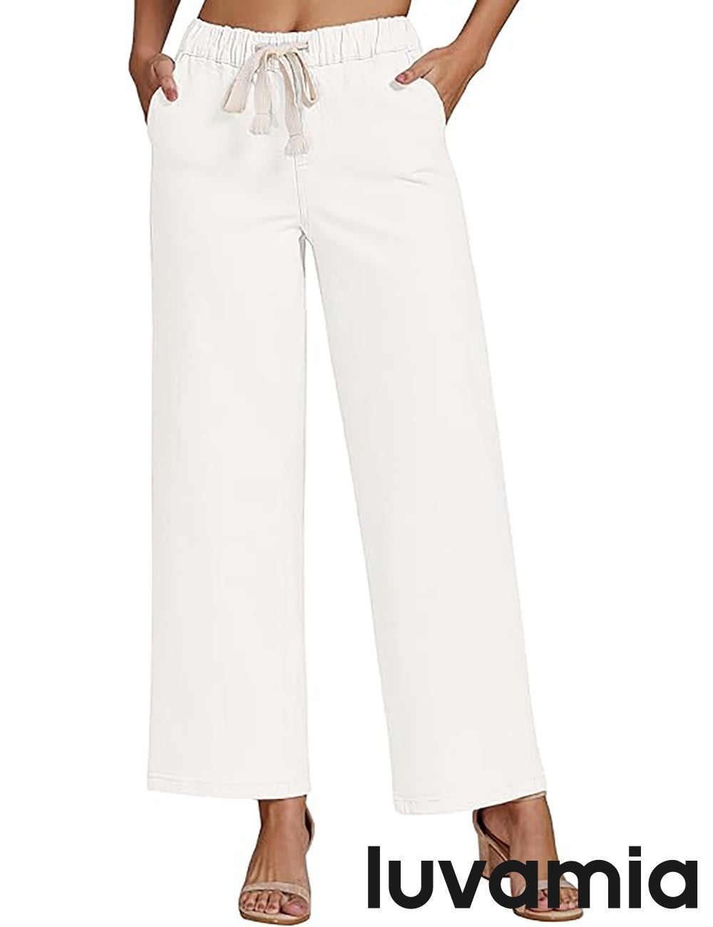 Women's Denim Wide-Leg Pocketed Elastic-Waist Jeans – Cream White