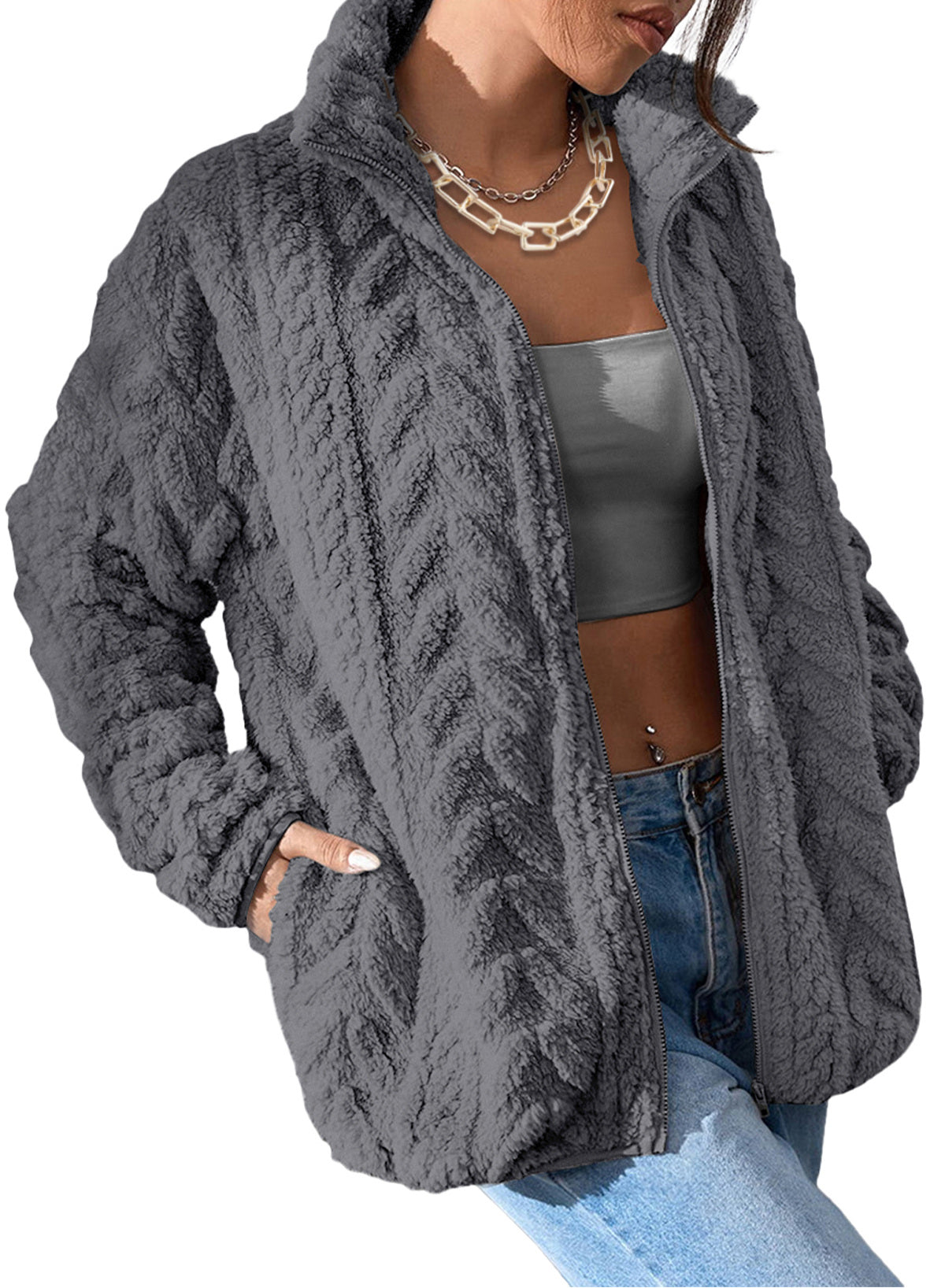 Women's Fleece Pocketed Zip Casual Fleece Jacket – Gray