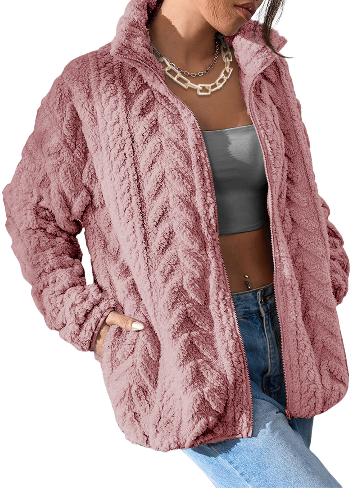 Women's Fleece Pocketed Zip Casual Fleece Jacket – Pink