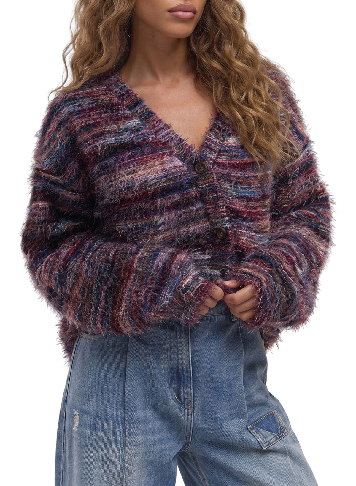 Women's Knit Oversized Striped Textured Cardigan – Dark Purple