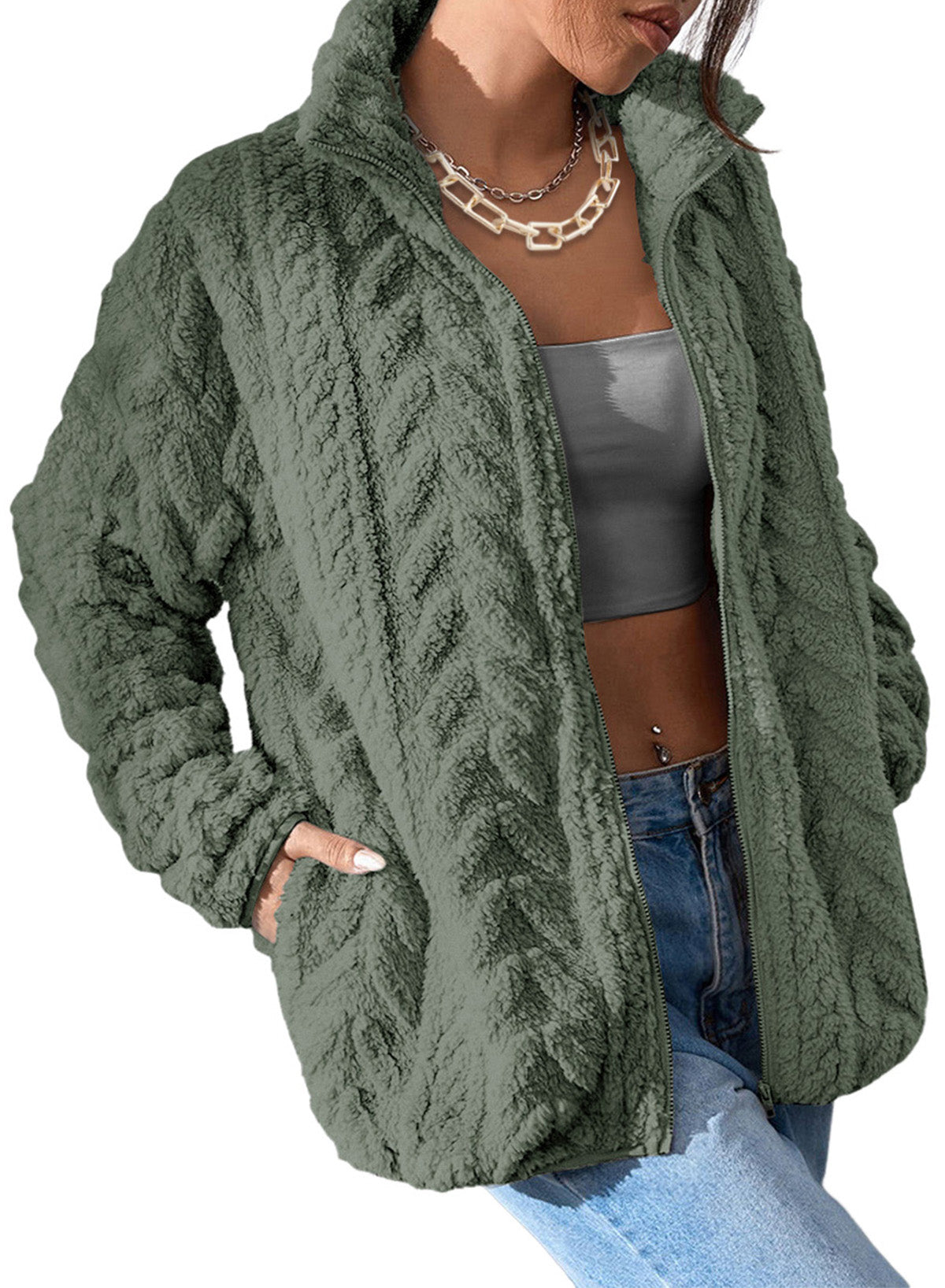 Women's Fleece Pocketed Zip Casual Fleece Jacket – Dark Green