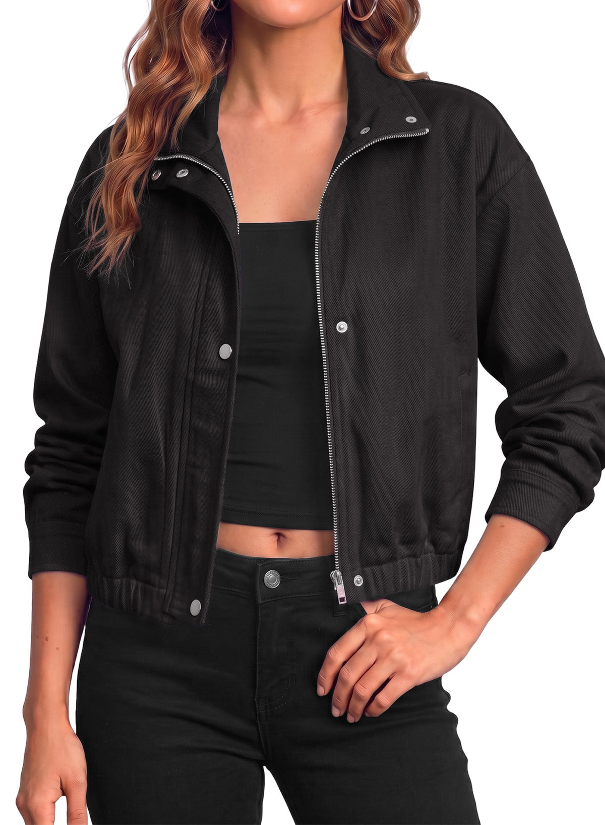 Women's Denim Oversized Cropped Zip-Up Denim Jacket – Black