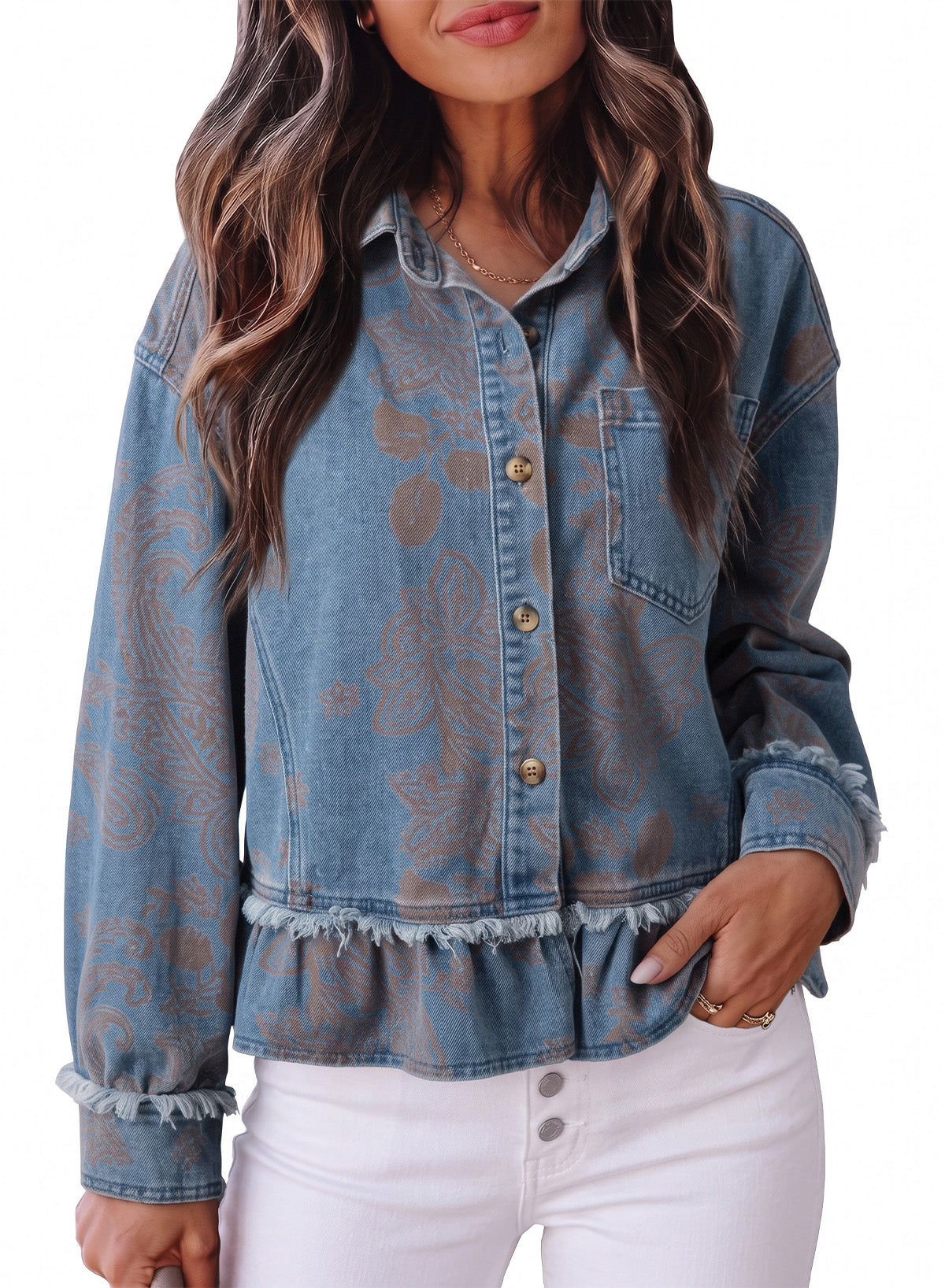 Women's Denim Button-Down Ruffled Denim Jacket – Brown