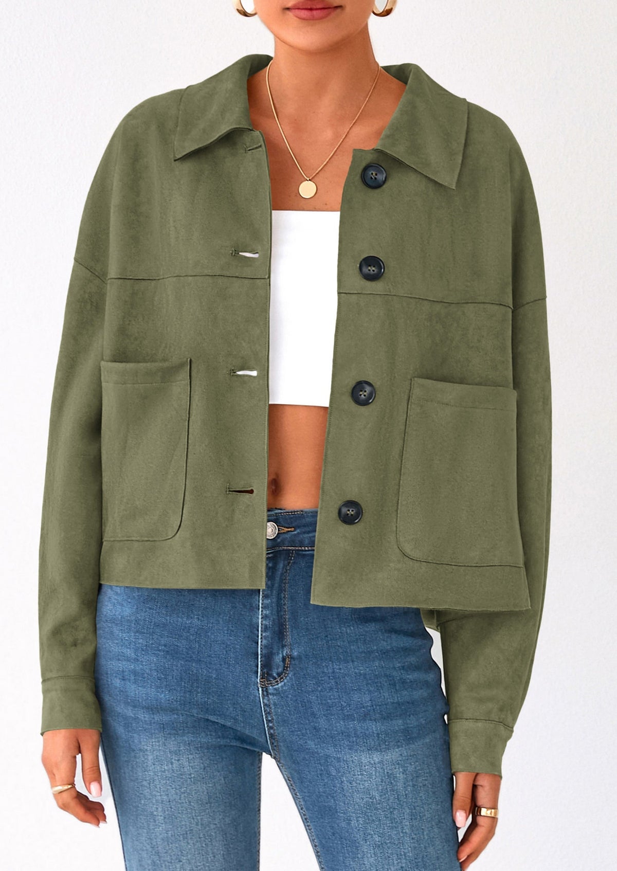Women's Faux Suede Cropped Lightweight Casual Jacket – Army Green