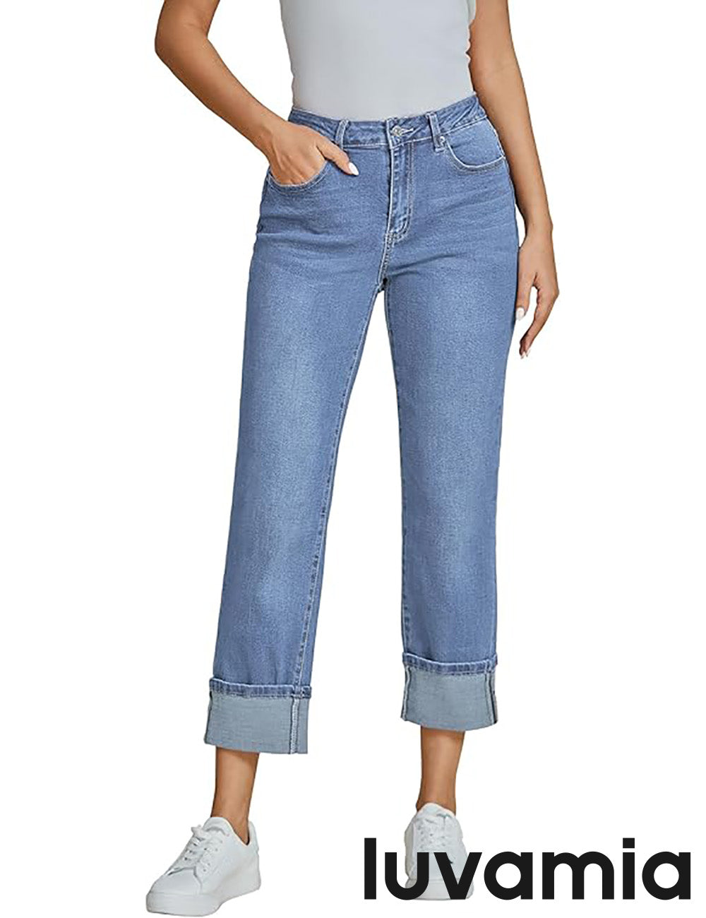 Women's Cotton Blend Cropped Straight-Leg Pocketed Jeans – Lagoon Blue