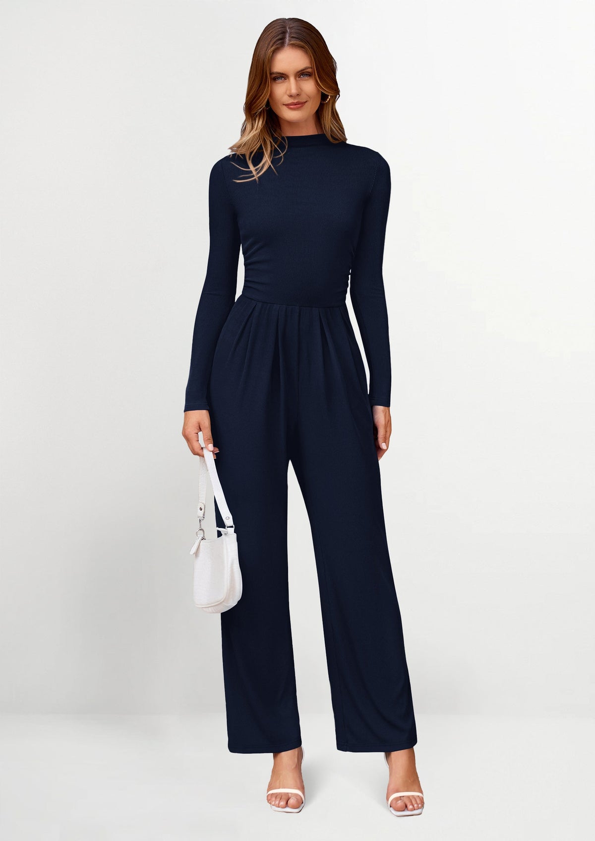Women's Mock Neck Long Sleeve Casual Wide-Leg Trousers – detail
