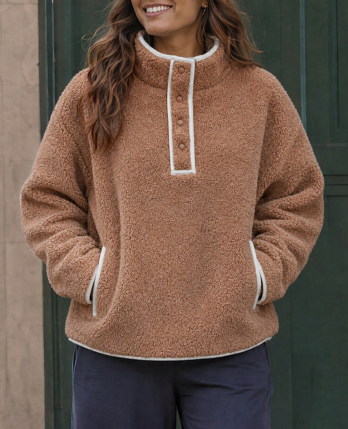 Women's Fleece Pocketed Warm Fuzzy Sweater – Light Brown
