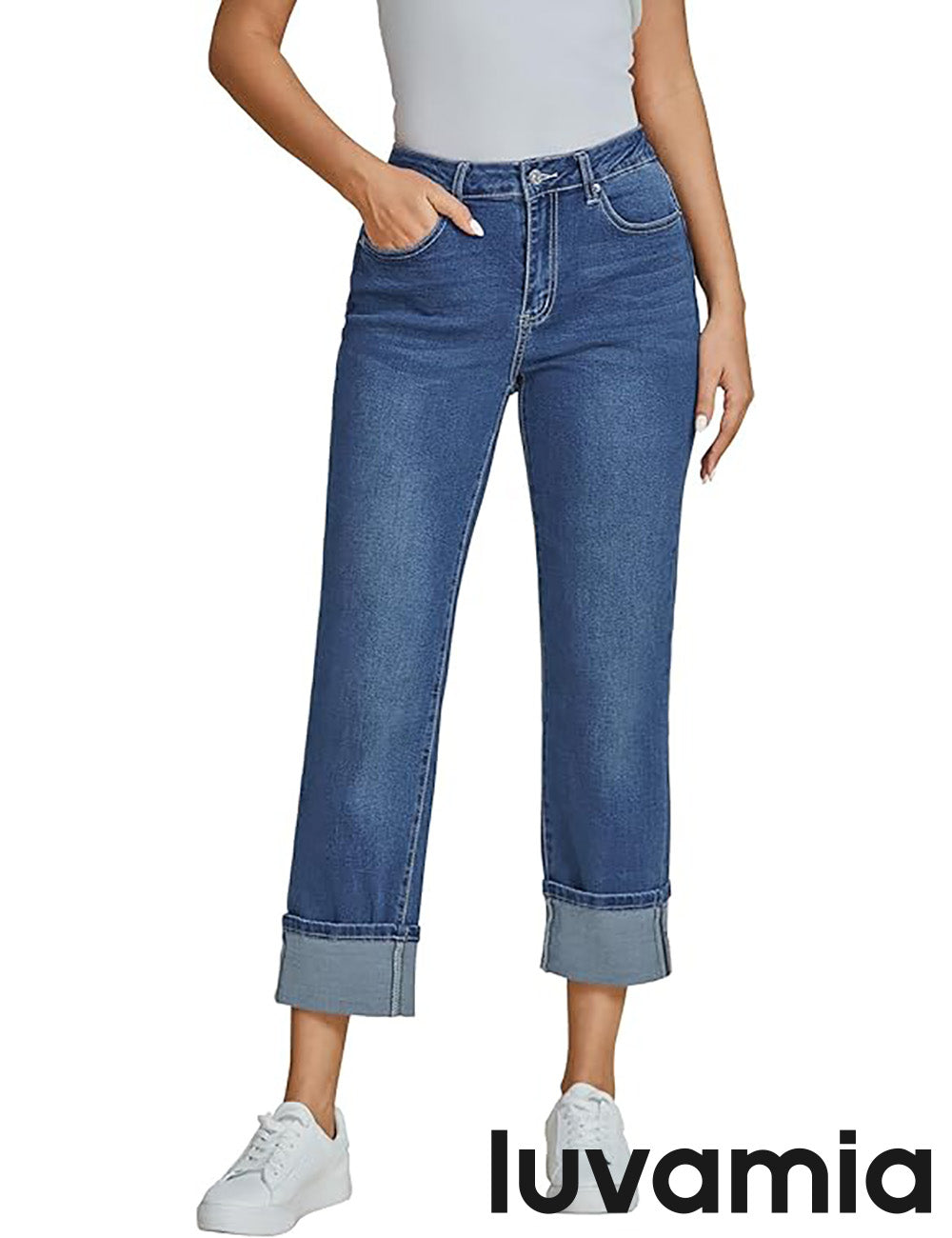 Women's Cropped Straight-Leg Cotton Blend Jeans with Pockets