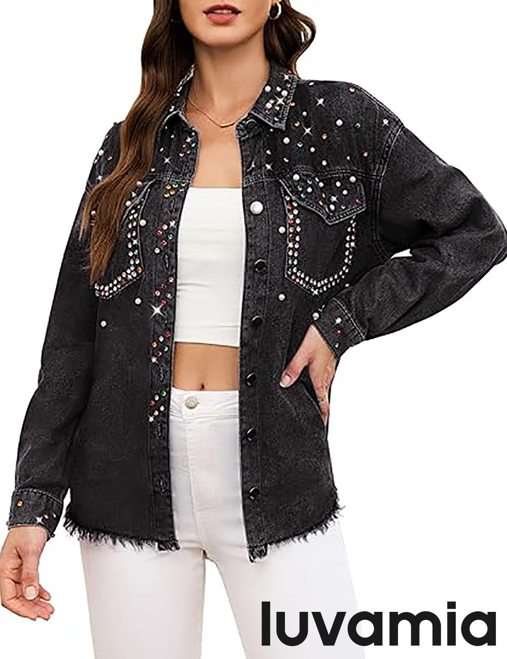 Women's Denim Long Sleeve Pocketed Embellished Denim Jacket – Washed Black