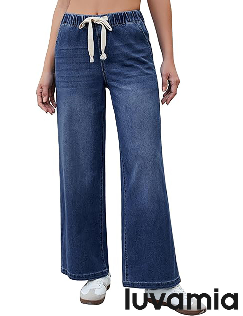 Women's Denim Wide-Leg Pocketed Elastic-Waist Jeans – Dark Ness Blue