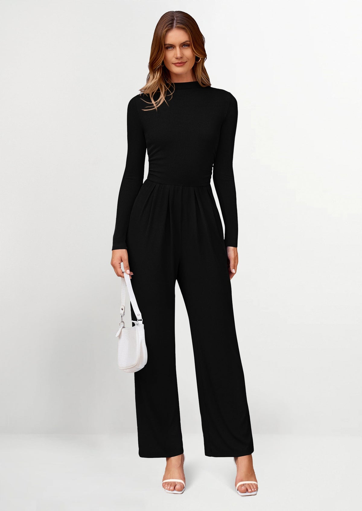 Women's Mock Neck Long Sleeve Casual Wide-Leg Trousers – detail