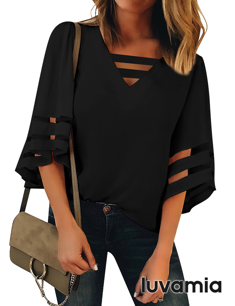 Women's V-Neck Casual Mesh Bell Sleeve Blouse – Black