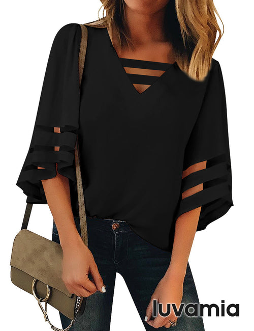 Women's V-Neck Casual Mesh Bell Sleeve Blouse – Black