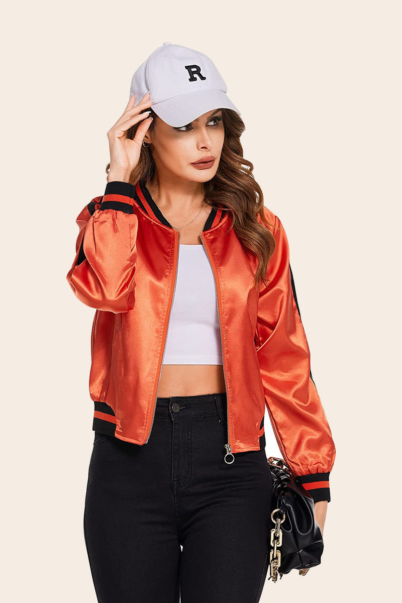 Women's Zip-Up Striped Biker Bomber Jacket – Orange