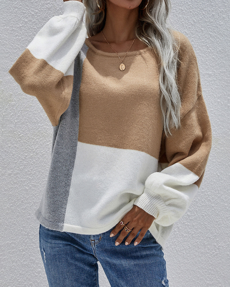 Women's Knit Colour-Block Relaxed-Fit Lightweight Sweater – Khaki