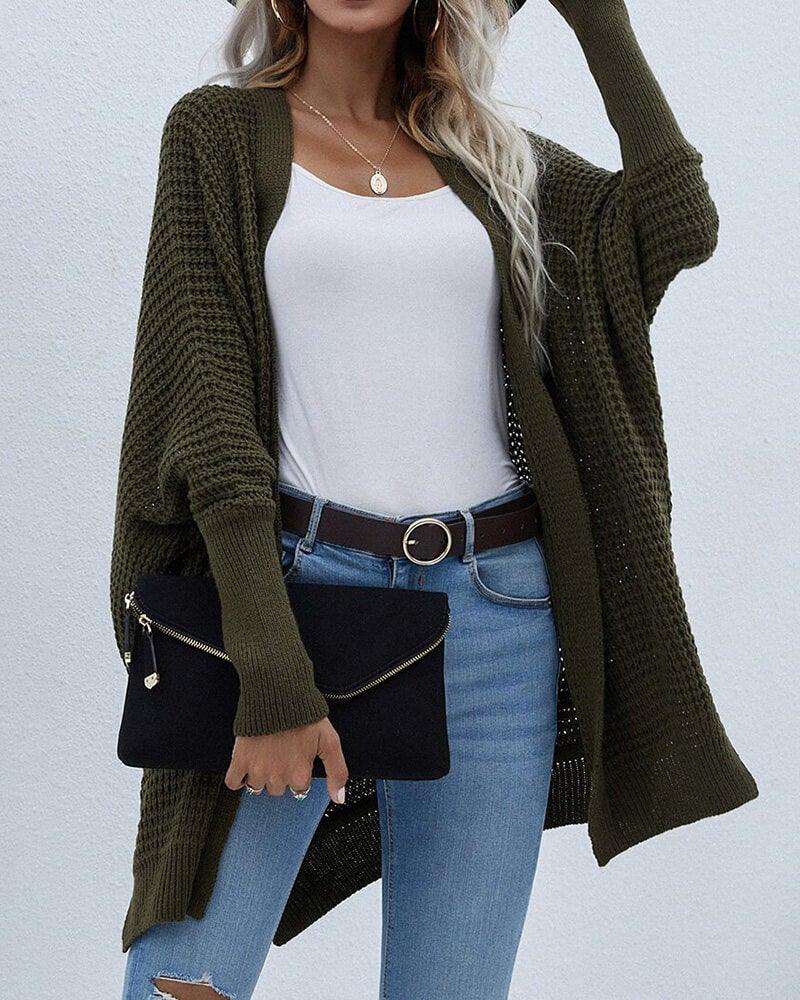 Women's Open-Front Batwing Side-Slit Cardigan – Dark Green