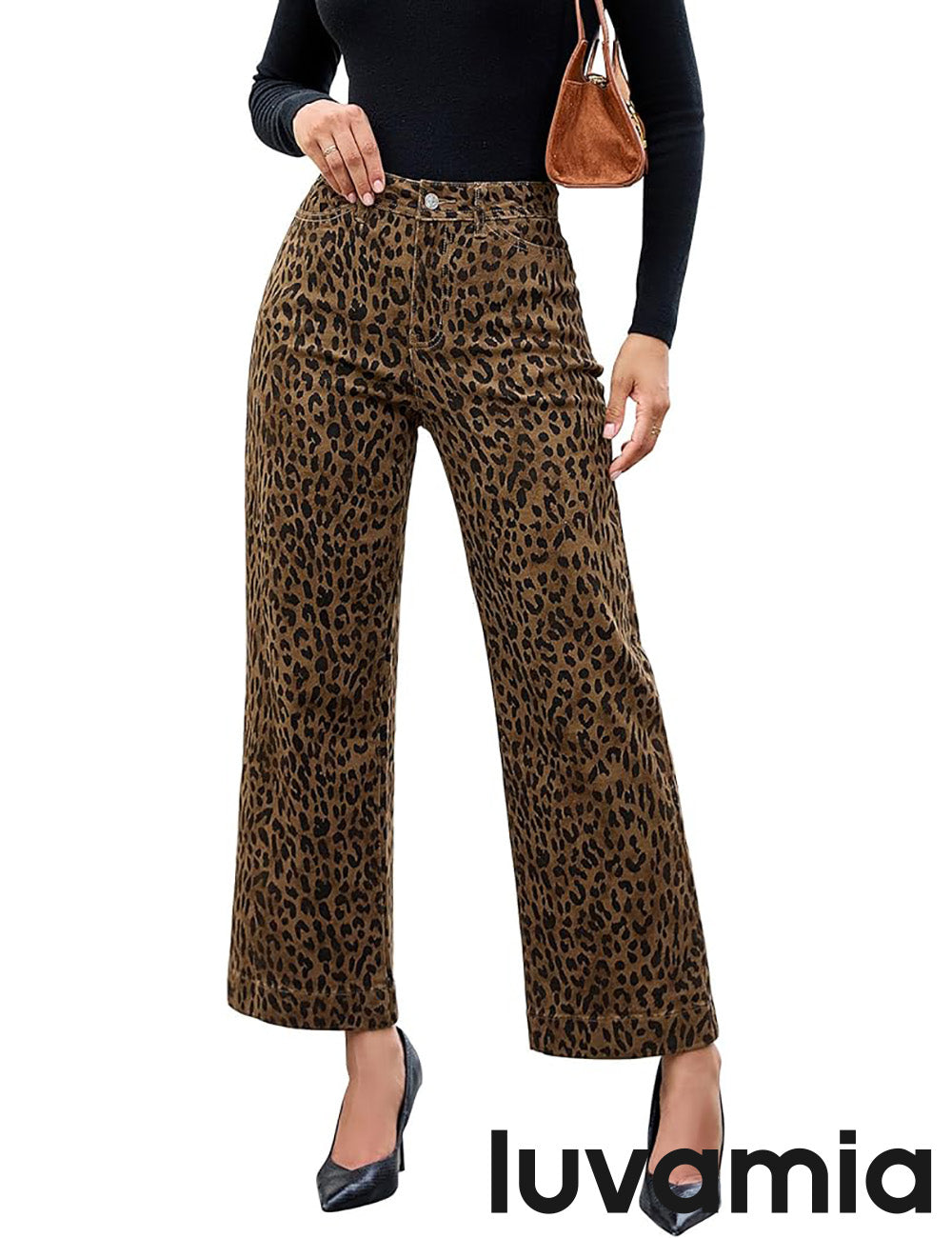 Women's Denim Wide-Leg Leopard Print Pocketed Jeans – Brown Cheetah