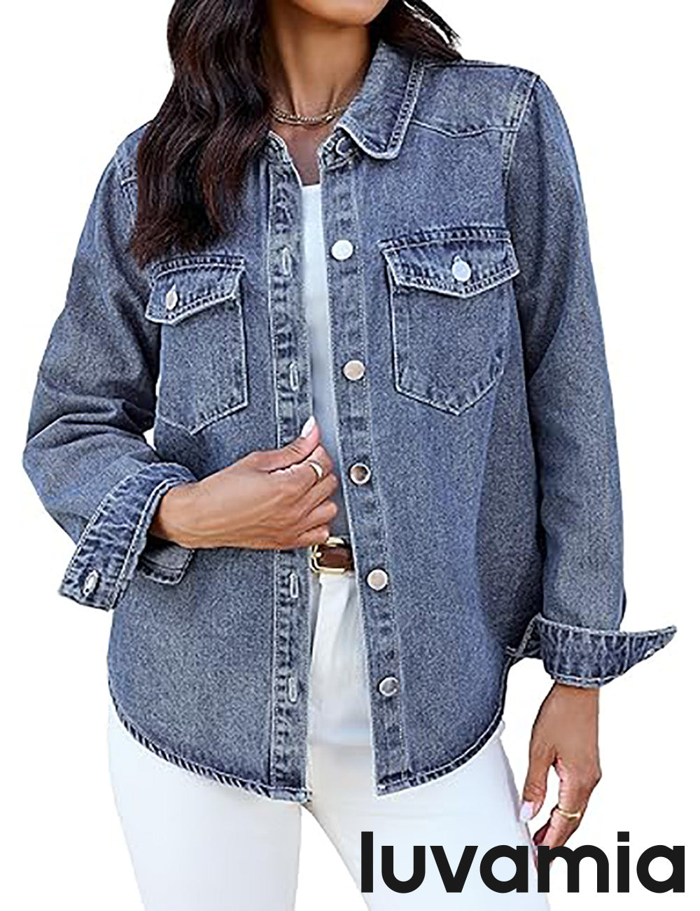 Women's Denim Button-Down Long Sleeve Shirt Jacket – Dark Atlantic Blue