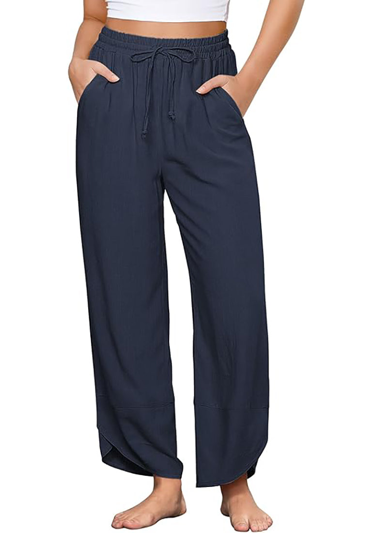 Women's Linen Blend Drawstring Relaxed-Fit Wide-Leg Trousers – detail