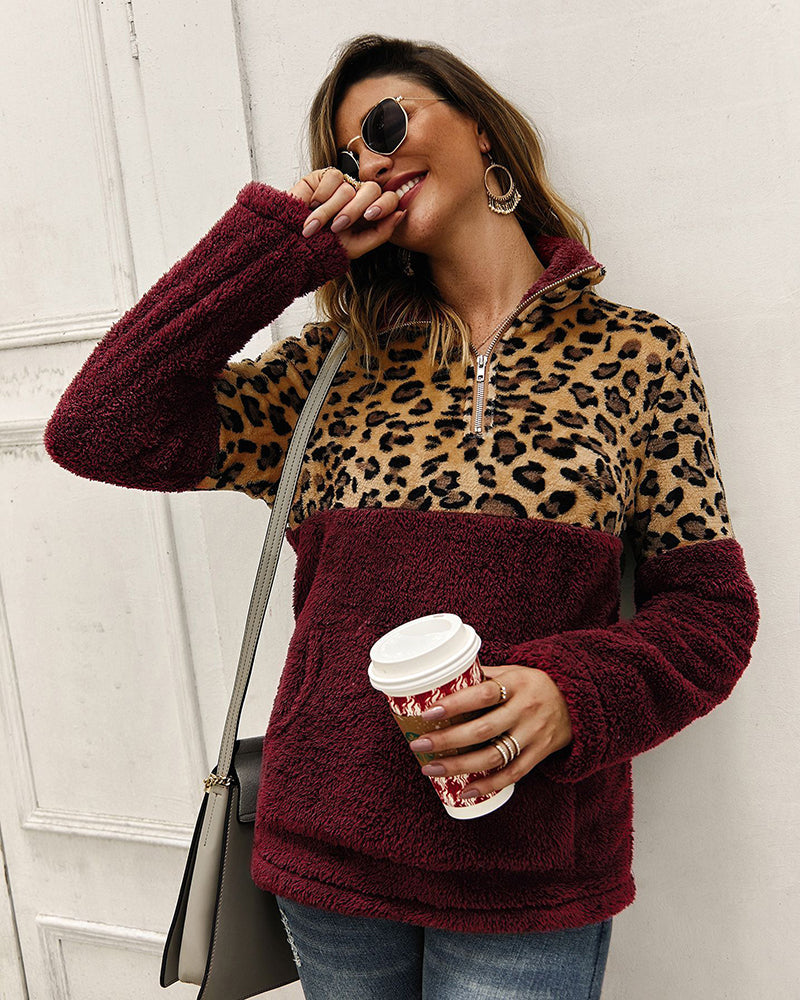 Women's Long Sleeve Leopard Print Colour-Block Coat – Wine Red