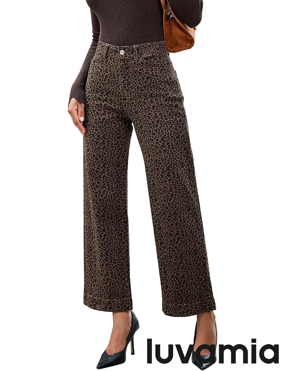 Women's Denim Wide-Leg Leopard Print Pocketed Jeans – Gray Leopard