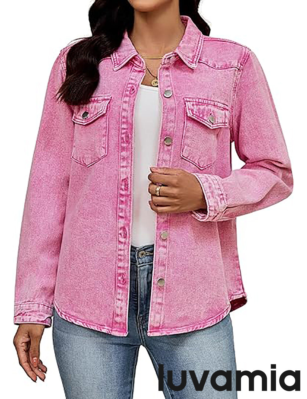 Women's Denim Button-Down Long Sleeve Shirt Jacket – Hot Pink