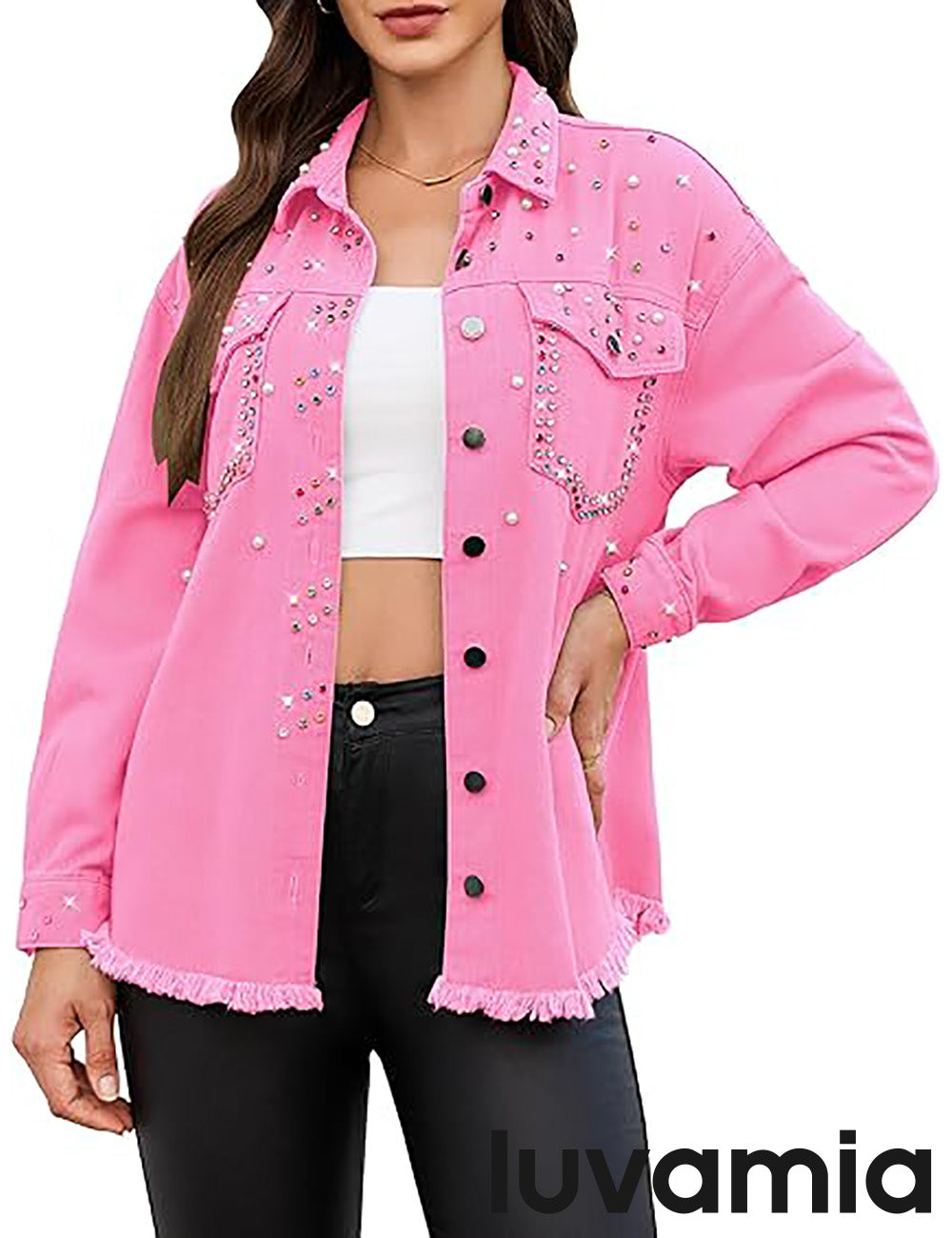 Women's Denim Long Sleeve Pocketed Embellished Denim Jacket – Lilac Rose