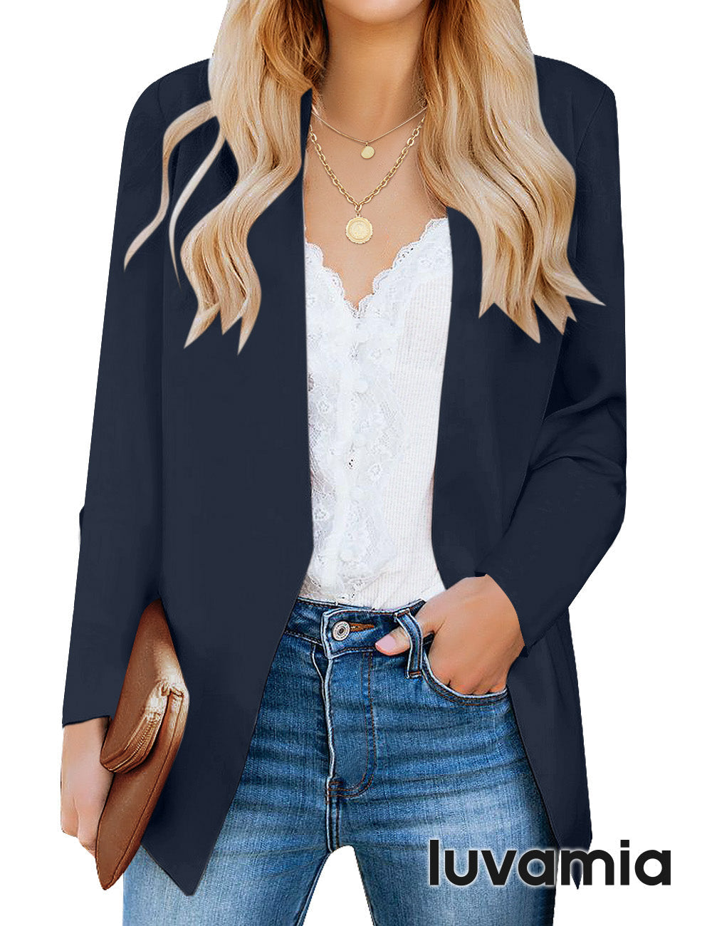 Women's Lapel Long Sleeve Workwear Casual Blazer – Navy Blue