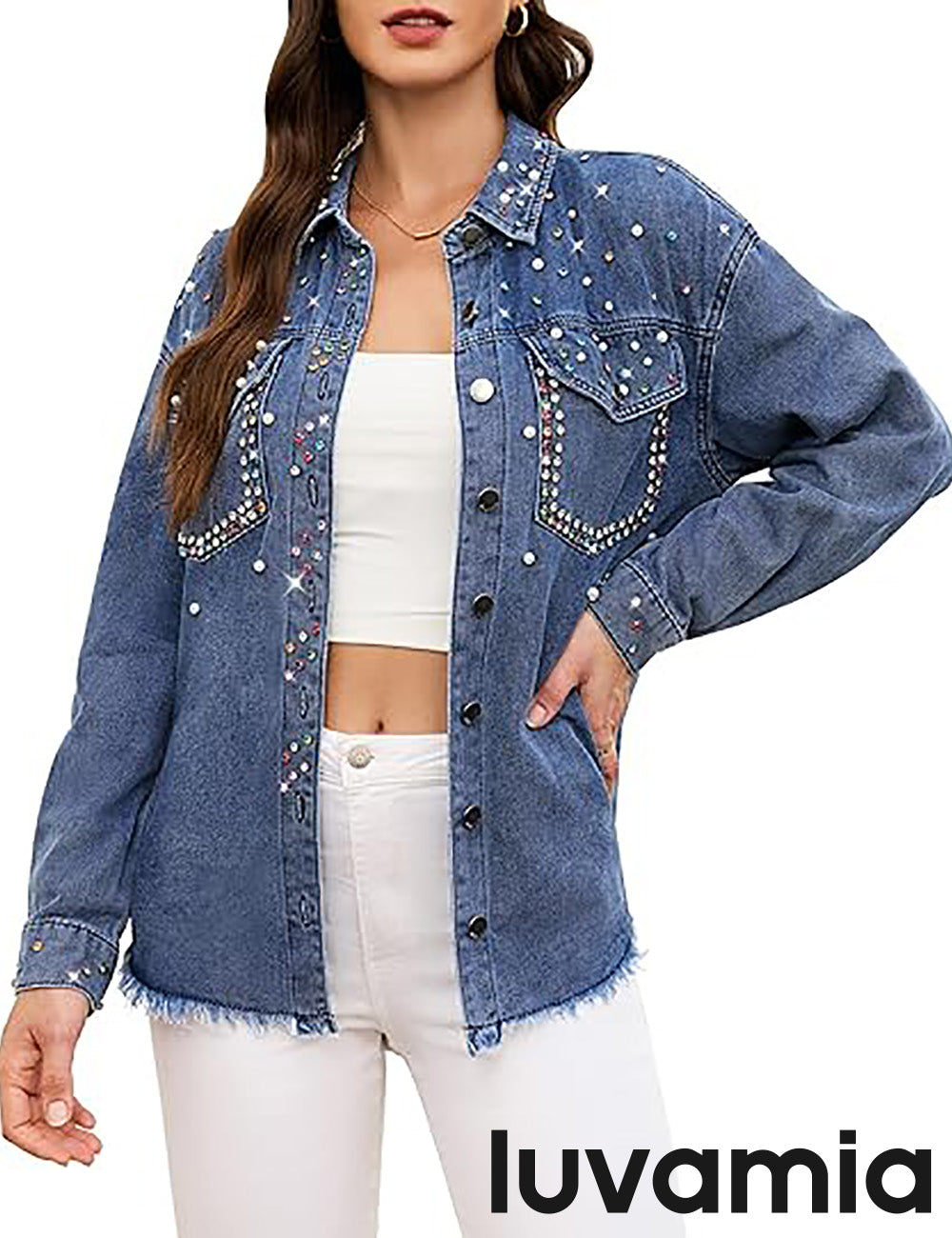 Women's Denim Long Sleeve Pocketed Embellished Denim Jacket – Thousand Oceans Blue